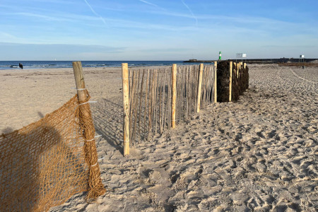 Unterhalb des Teepotts, in Verlängerung der Kokosfaser-Sandfangzäune stehen seit kurzem zwei neue Versuchsanlagen ein Hasel-Staketenzaun und ein faschinenartiger Treibselzaun, jeweils fünf Meter lang.//Foto: EUCC-D