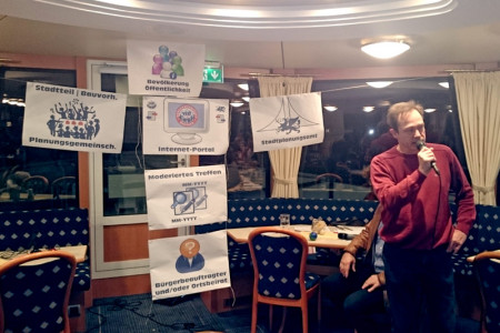 Heiko Schulze von der IG Alter Fährhafen Warnemünde präsentiert seine Idee einer Bürgerwerkstatt. Heiko Schulze von der IG Alter Fährhafen Warnemünde präsentiert seine Idee einer Bürgerwerkstatt.