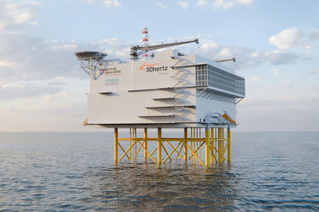 So soll die neue Offshore-Konverterplattform aussehen: Das Gro&szlig;projekt von 50Hertz, Siemens Energy sowie Neptun Smulders Offshore Renewables wird k&uuml;nftig Windstrom aus der Nordsee b&uuml;ndeln und &uuml;ber den NordOstLink nach Mecklenburg-Vorpommern transportieren. Die Fertigung wesentlicher Komponenten erfolgt in Warnem&uuml;nde.//Visualisierung: 50Hertz