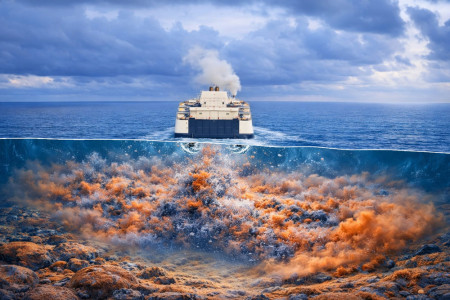 Unsichtbare Kraft unter Wasser: Das Schraubenwasser großer Schiffe wirbelt feine Sedimente auf und fräst rund um größere Steine markante Vertiefungen in den Ostseegrund – eine KI-Grafik macht die verborgenen Prozesse der aktuellen Studie anschaulich.//Grafik: Soeren Ahmerkamp, IOW / AI-assisted (DALL·E) Unsichtbare Kraft unter Wasser: Das Schraubenwasser großer Schiffe wirbelt feine Sedimente auf und fräst rund um größere Steine markante Vertiefungen in den Ostseegrund – eine KI-Grafik macht die verborgenen Prozesse der aktuellen Studie anschaulich.//Grafik: Soeren Ahmerkamp, IOW / AI-assisted (DALL·E)