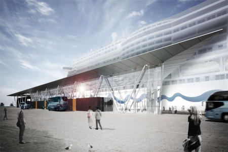 So soll das neue Kreuzfahrtterminal am Liegeplatz 8 in Warnemünde aussehen.
