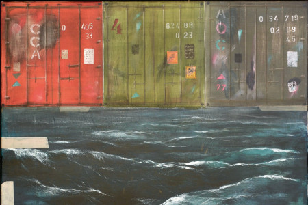 „Seestück mit Containern“ heißt diese Arbeit von Otto Beckmann- Acryl und Schabung auf Tuch 80x100cm.