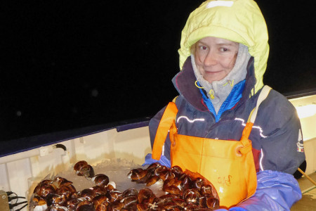 Mayya Gogina, IOW-Expertin für Lebensgemeinschaften von Bodenorganismen in der Ostsee und Leiterin der Studie zur Durchlüftung des Meereesgrundes - hier mit einer Probe Islandmuscheln während einer Schiffsexpedition