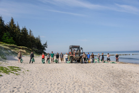 Freiwillige vom Bergwaldprojekt e.V. beim Müllsammeln am Strand entlang der Rostocker Heide.