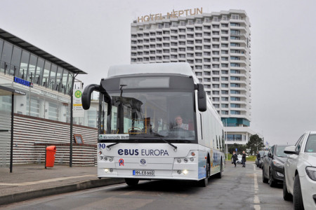 Die RSAG testete in Warnemünde einen Elektrobus der Firme e-BUS Europa vom 11. bis 15. Februar 2015.