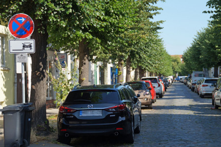 Nur wegen der laufenden Demarkierung ist die linke Seite der Friedrich-Franz-Straße Halteverbotszone. Sind die Arbeiten abgeschlossen, gilt hier eingeschränktes Halteverbot (Parkverbot). 
