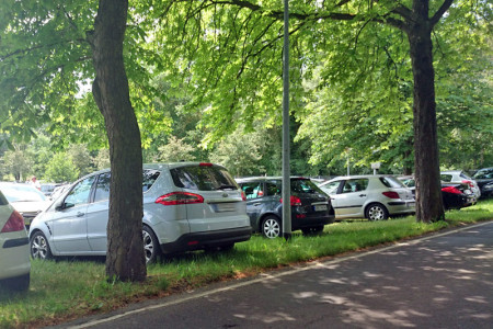 So sieht es an Schönwetter-Wochenenden überall in Warnemünde aus. Chaotisch wird so ziemlich alles zugeparkt.