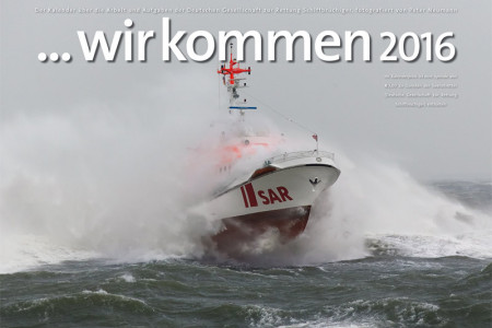 Titelblatt des Kalenders "… wir kommen 2016" über die Arbeit der Seenotretter.